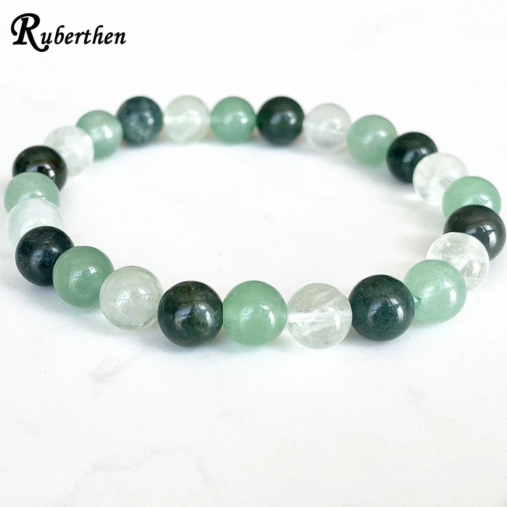 Ruberthen Womens Aries Zodiac Bracelet 8 MM Green Aventurine Moss Agate Fluorite Chakra Bead Wrist Mala Natural Gemstone Jewelry