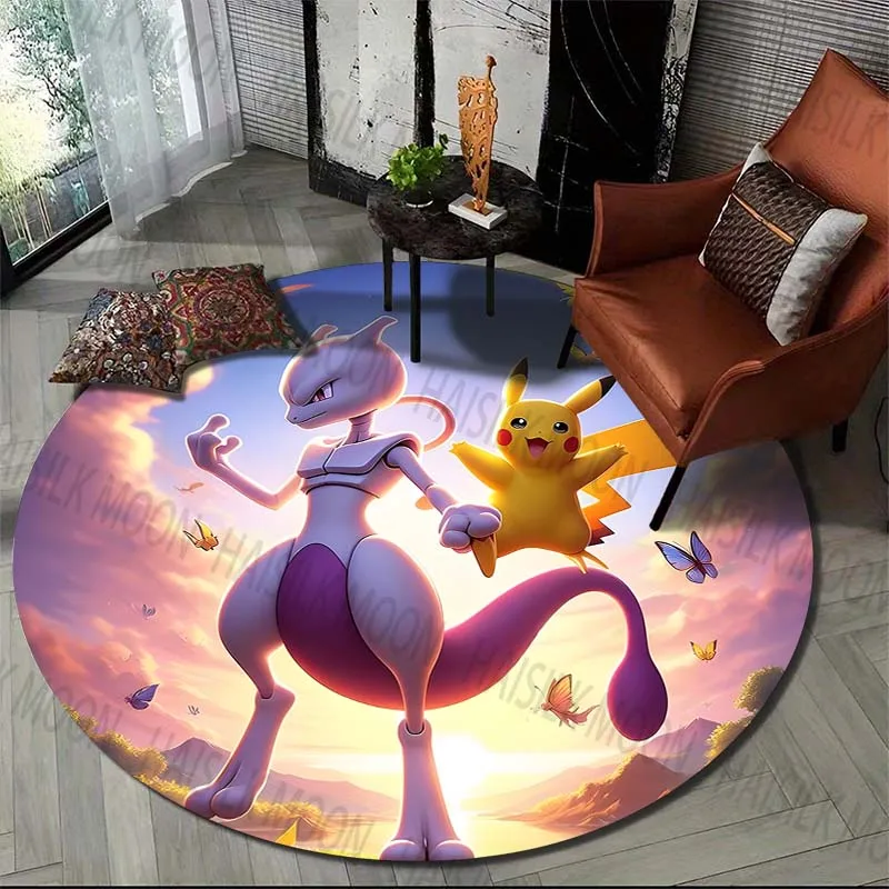 Pokemon Carpet Cartoon Anime Pikachu Mewtwo Family Round Rug Bedroom Living Room Lounge Rug Bedroom Bedside Floor Mat Decor