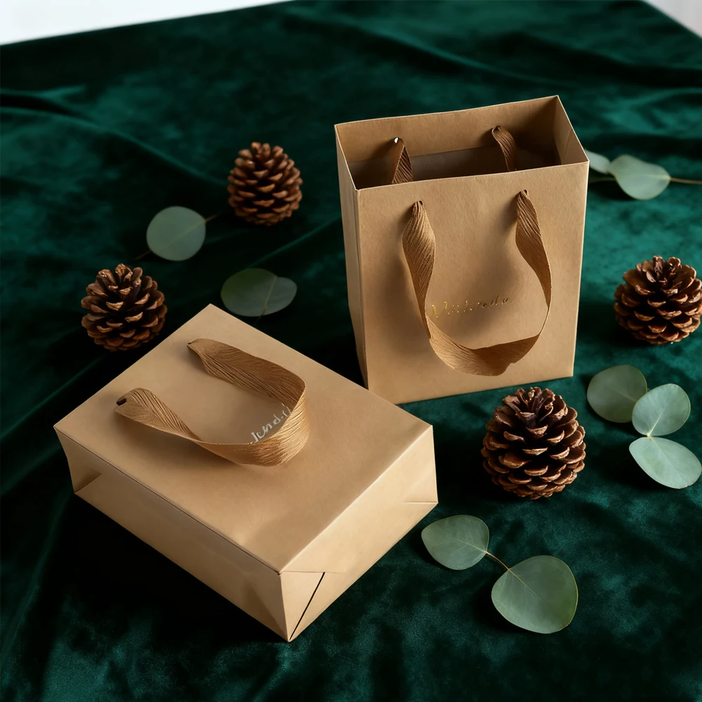 

24/50/100pcs Kraft Paper Bag with Handle Candy Gift Packaging Bags Wedding Party Decoration Christmas Navidad 2023 Baby Shower