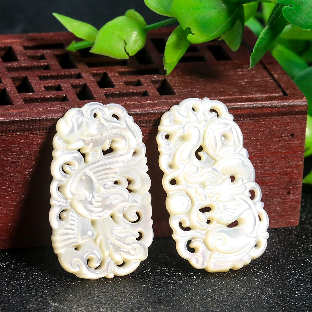 

Muy Bien Natural White Mother-of-pearl Carved Dragon and Phoenix Shell Pendant DIY Necklace Earrings Jewelry Making Accessories