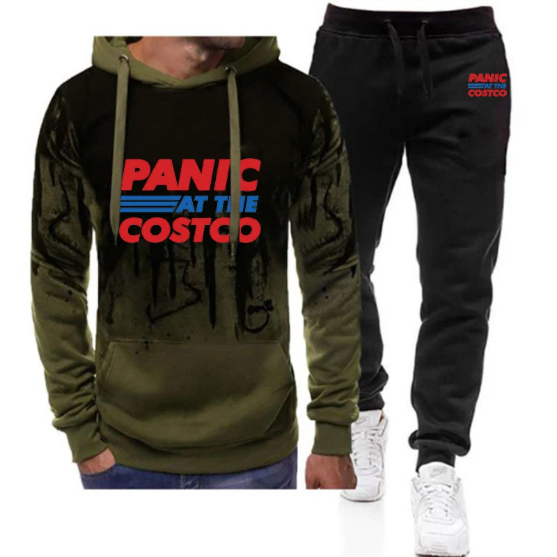 

2025 Panic At The Costco Graphic Print Spring Autumn Men New Gradient Color Hooded Sweatshirt Tops + Fashion Pants Suit