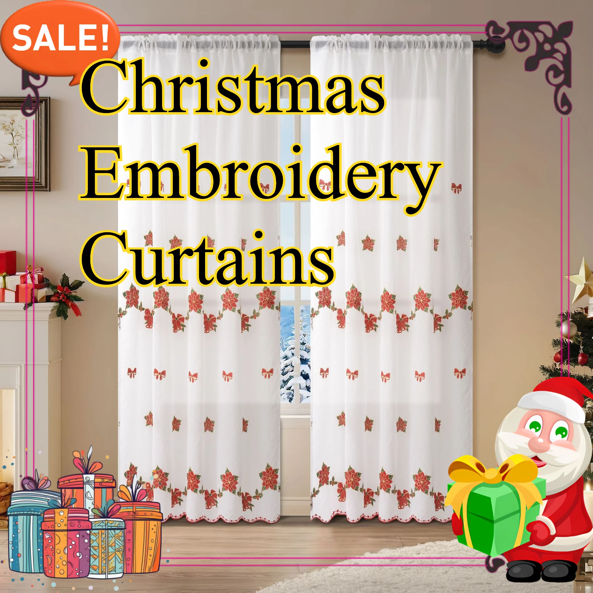 Christmas Embroidery Reindeer Sled Curtains Sheer Pole Curtains Suitable for Living Room and Bedroom Curtain