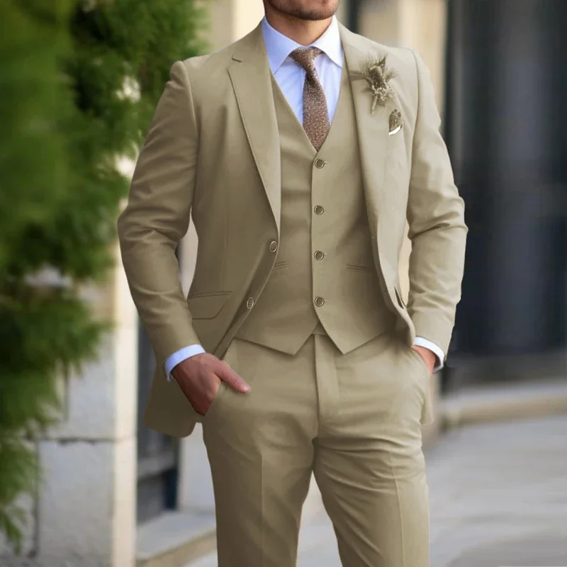 3 Pieces Beige Suits for Men Fashion Slim Fit Blazer Vest Pants Set Formal Business Wedding Tuxedos for Men Casual Clothing