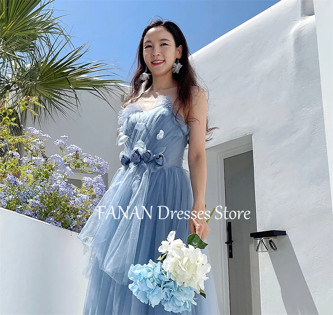 FANAN Blue Evening Party Dresses Fashion Strapless Sleeveless Korea Simple Flowers Wedding Women Formal Gowns Event Prom Gowns