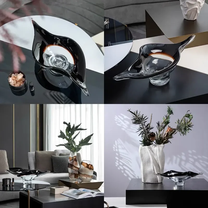 Modern Minimalist Clear Glass Fruit Bowl Decorative Tray for Wine Cabinet Display Home Office Centerpiece Ornament