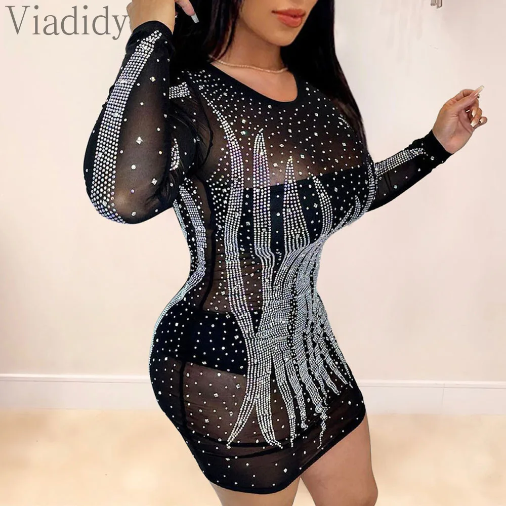 Women Sexy Solid Color Sheer Mesh Rhinestone Decor Long Sleeve Skinny Mini Dress