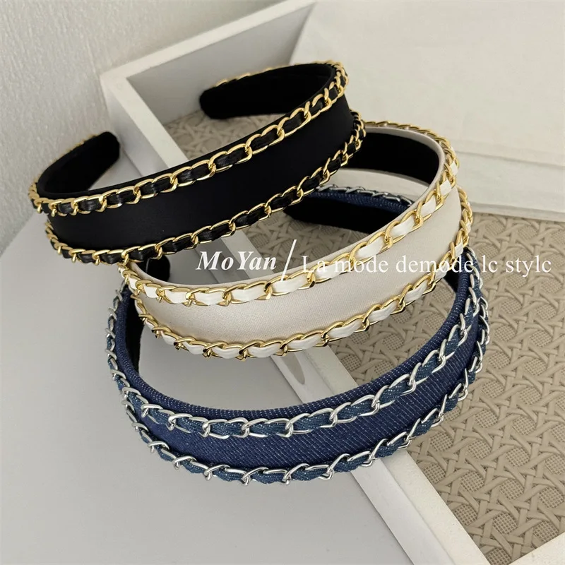 2026 New French Classic Brand Metallic Chain Hairband Denim Cloth Headwear For Streetwear Fashion Women Daily Head Wrap Hairhoop