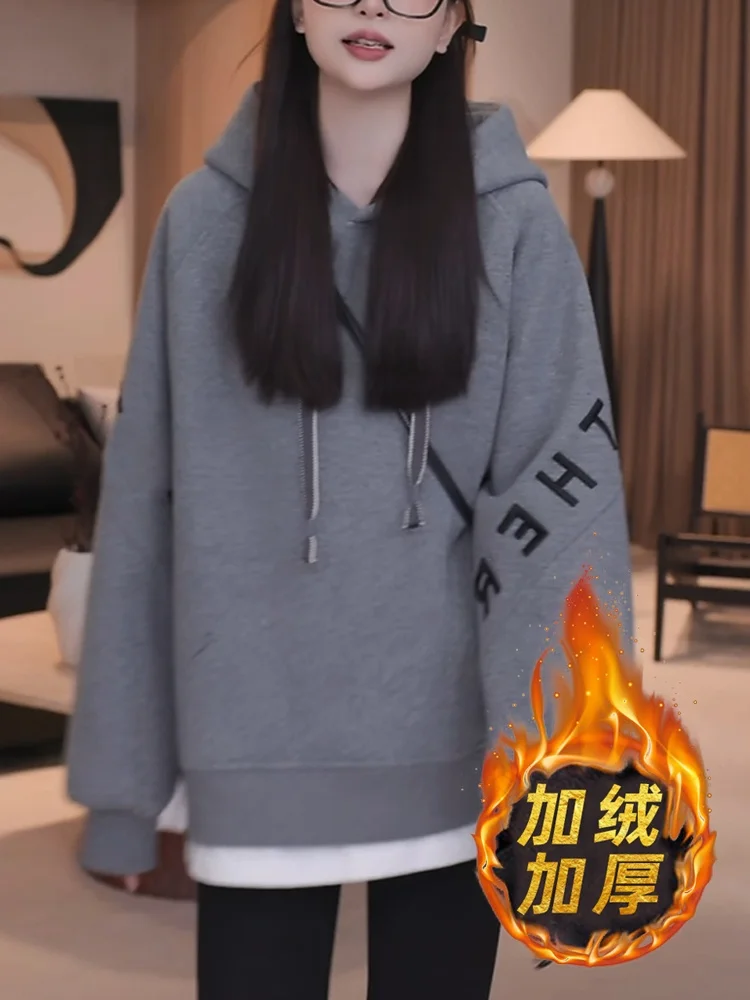 

ay Letter Embroidery Long Sve Hoodie Women's Fce Lined Thiened Versatile Belly Covering Top Autumn Winter New Arrival