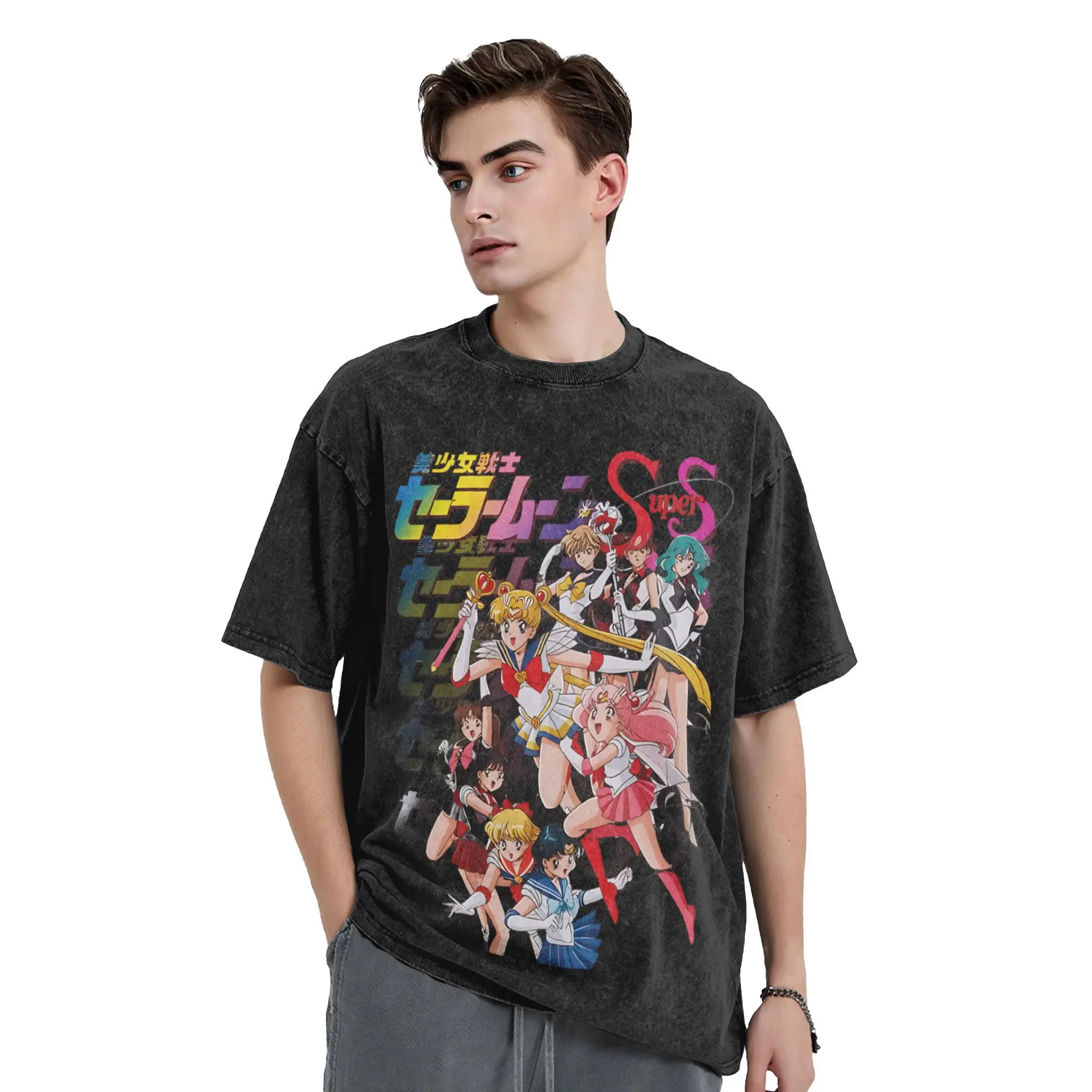 美少女戦士セーラームーンカオスな宇宙の愛ヴィンテージウォッシュ Tシャツメンズコットントップスレトロラウンドネック半袖