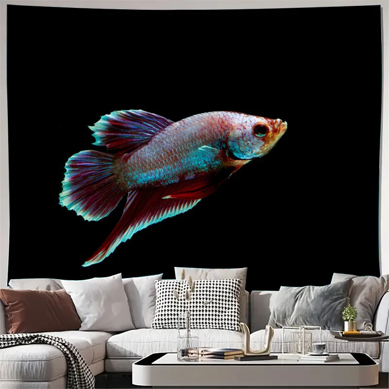 Large Tropical Fish Wall Tapestry Print Art Poster for Living Room Decor Black Background Modern Underwater Aquarium Wall Art Ho
