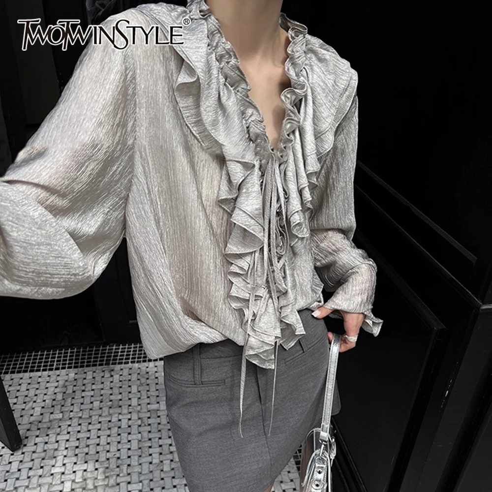 

TWOTWINSTYLE Solid Spliced Ruffles Basics Shirt Female V Neck Long Sleeve Luxury Casual Women's Shirts Summer Style Fashion New