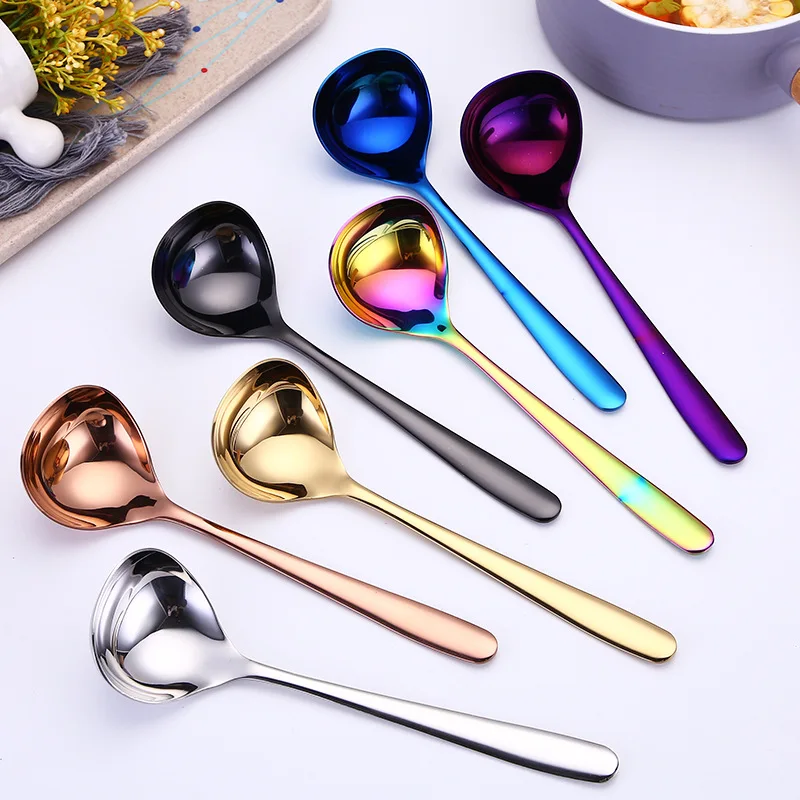 2pcs set, colorful stainless steel soup spoon for dinner serving, long handle ladle, korean noodle spoon, kitchen spoon cooking