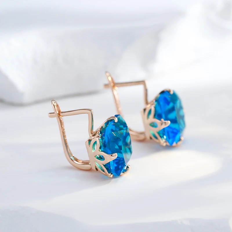 Kinel Hot Big Square Blue Natural Zircon English Earrings for Women 585 Rose Gold Wedding Ethnic Pattern Daily Fine Jewelry