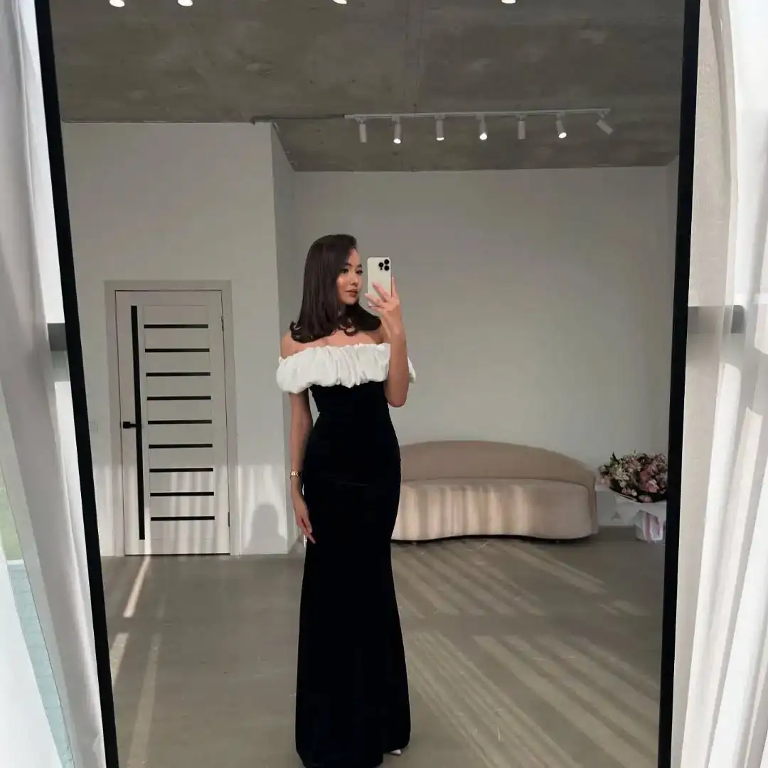 

Customized Modern Mermaid Off the Shoulder Jersey Evening Dresses Classic Contrast Color Pleats Vestido De Noche Robe de soirée