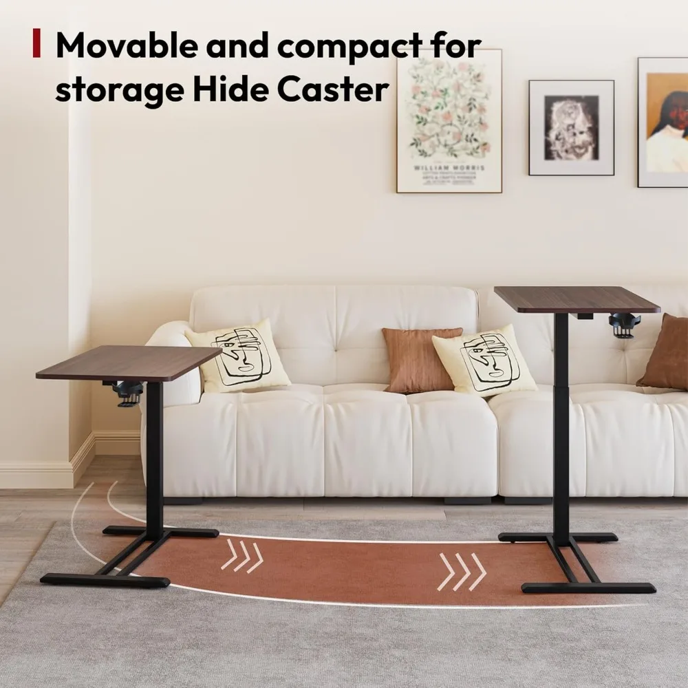 Medical Adjustable Overbed Bedside Table with Hidden Casters, Pneumatic Mobile Laptop Computer Standing Desk Cart with Tray, Ho