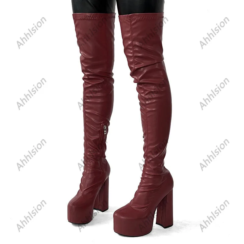 Ahhlsion New Women Spring Flexible Thigh Boots Chunky Heels Round Toe Beautiful Red White Cosplay Shoes Ladies US Size 5-20 - view 5