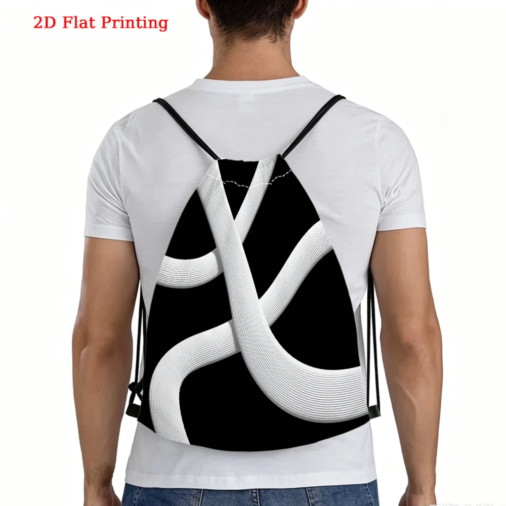 White Ribbons On Black Background Drawstring Bag, Travel Shoe Bag, Fitness Sports Outdoor Backpack