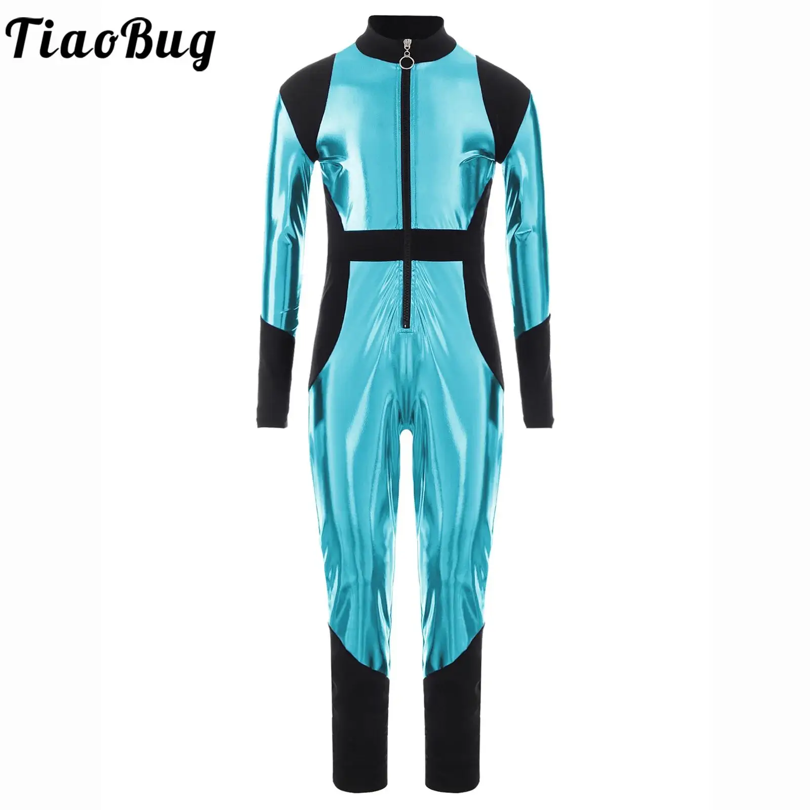 

Girls Boys Metallic Alien Astronaut Jumpsuit Front Zipper Full Bodysuit Dress-Up Spacewoman Cosplay Costumes Halloween Dancewear
