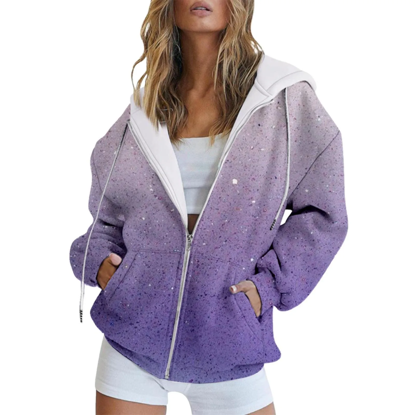 Amazon Aliexpress Source Zipper Fashion Women's New Cross-Border Long Sleeved Casual Loose Cardigan Gradient JacketMC4