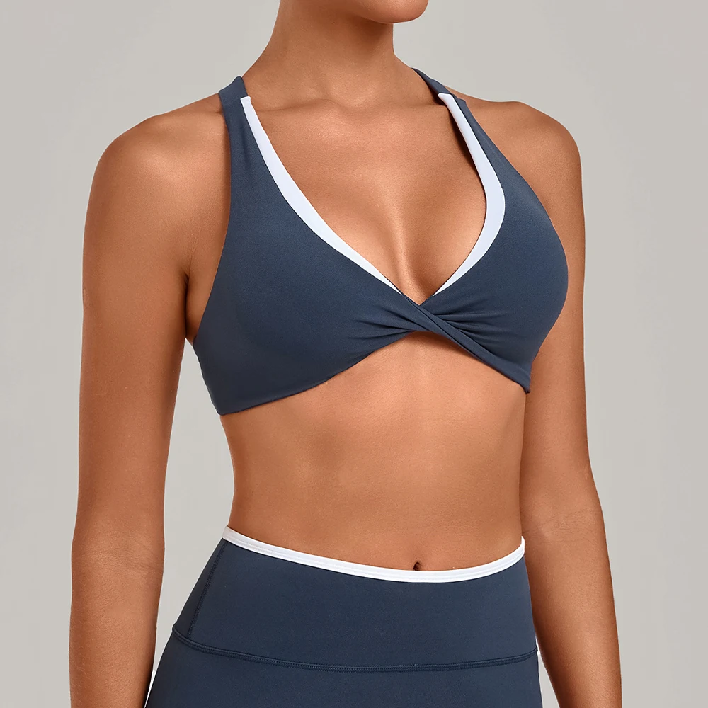 Contrast Color Yoga Bra Women's Fake 2Piece Fitness Sports Underwear Shockproof Beautiful Back Workout Bra Female Sports Bra