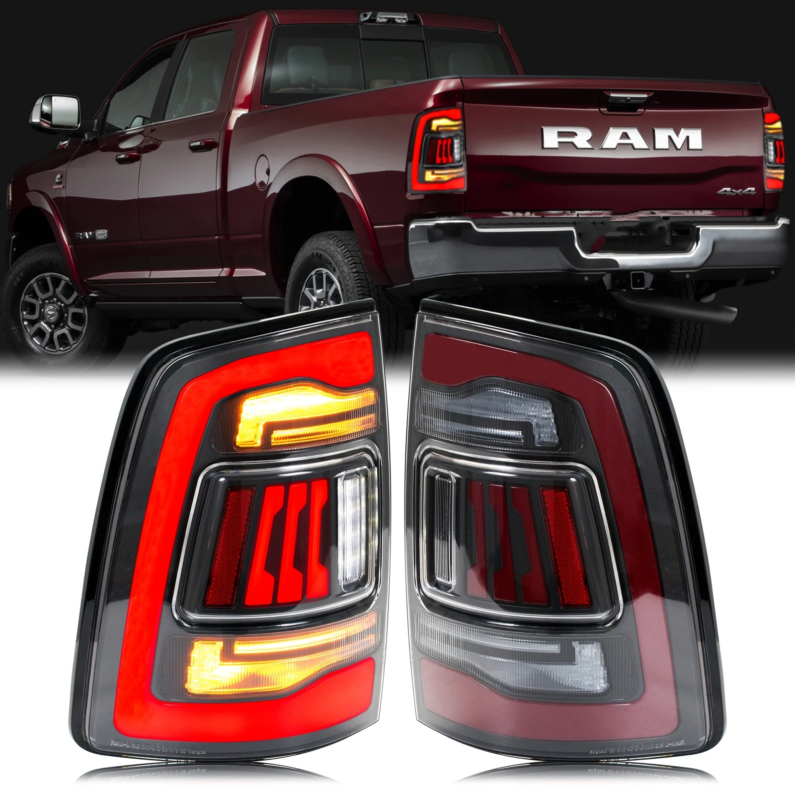 

LED Tail Lights for Dodge Ram 1500 2500 3500 2009-2018 Sequential Turn Signal Start-up Animation Clear Red Rear Lamps Assembly