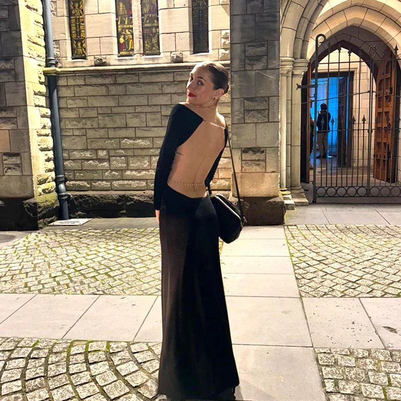 Vrouwen Elegante Backless Parelketting Lange Mouw Maxi Jurk Sexy Party Club Effen Zwart Herfst Vakantie Jurken Uitgesneden Gewaden