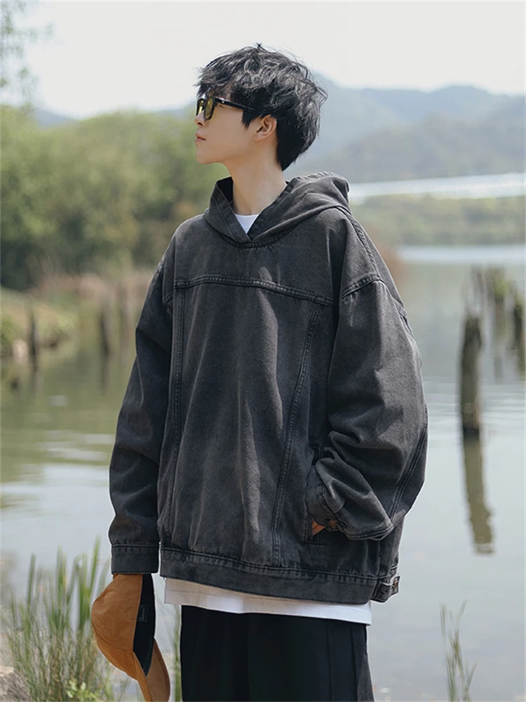 

Men's Denim Hoodie Spring Autumn Oversize Trendy Lazy Chic Outerwear Casual Long Sleeve Loose Fit Jeans Fabric Color