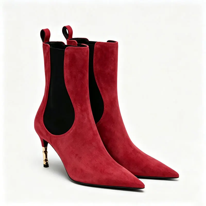 Women's New Knee High Boots with Pointed Kitten Heel and Stretch Fabric for Autumn and Winter Party Fashion, Mid Length Boots