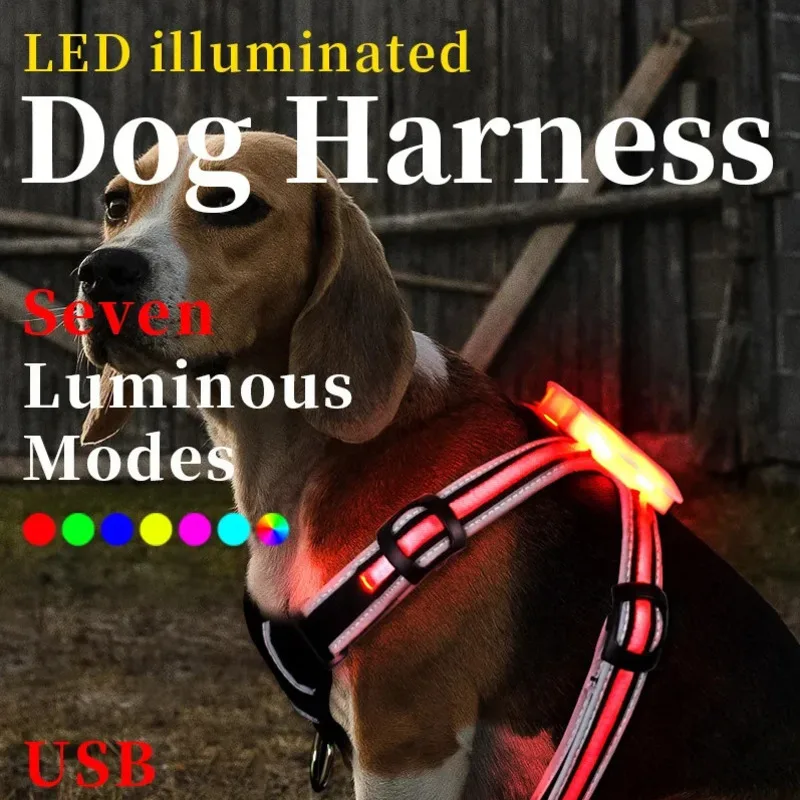 LED Dog Harness 7 Color USB Changing Pet Supplies Explosion-proof Flush Traction Chest Braces Clothes Luminous Dog Pet Collars