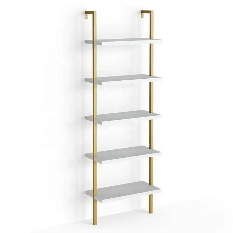 5 Tier Wall Mounted Bookshelf Open Storage Rack for Home Office White Gold Attic Ladder Style Shelf