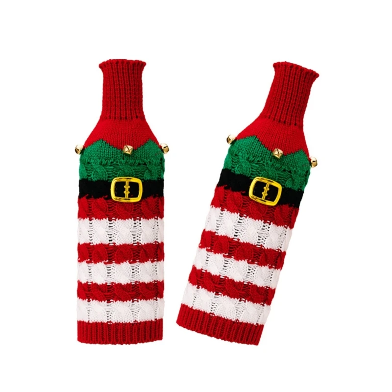 2Pcs Holiday Theme Striped Knitted Wine Bottle Dressings Champagnes Bottle Cover for Christmas Cheer