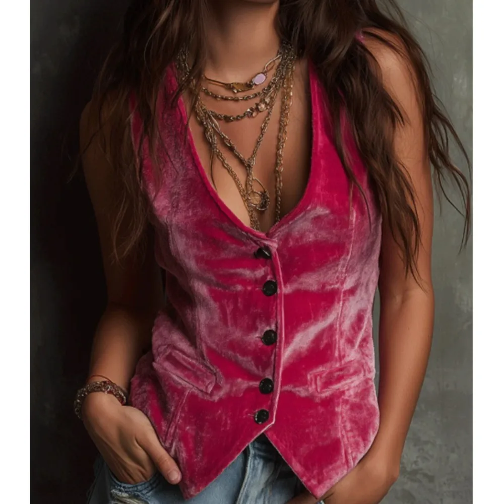 

Ретро-жилет женский демисезонный, однотонный, из золотистого бархата, повседневный, элегантный, с V-образным вырезом, двубортный, без рукавов
