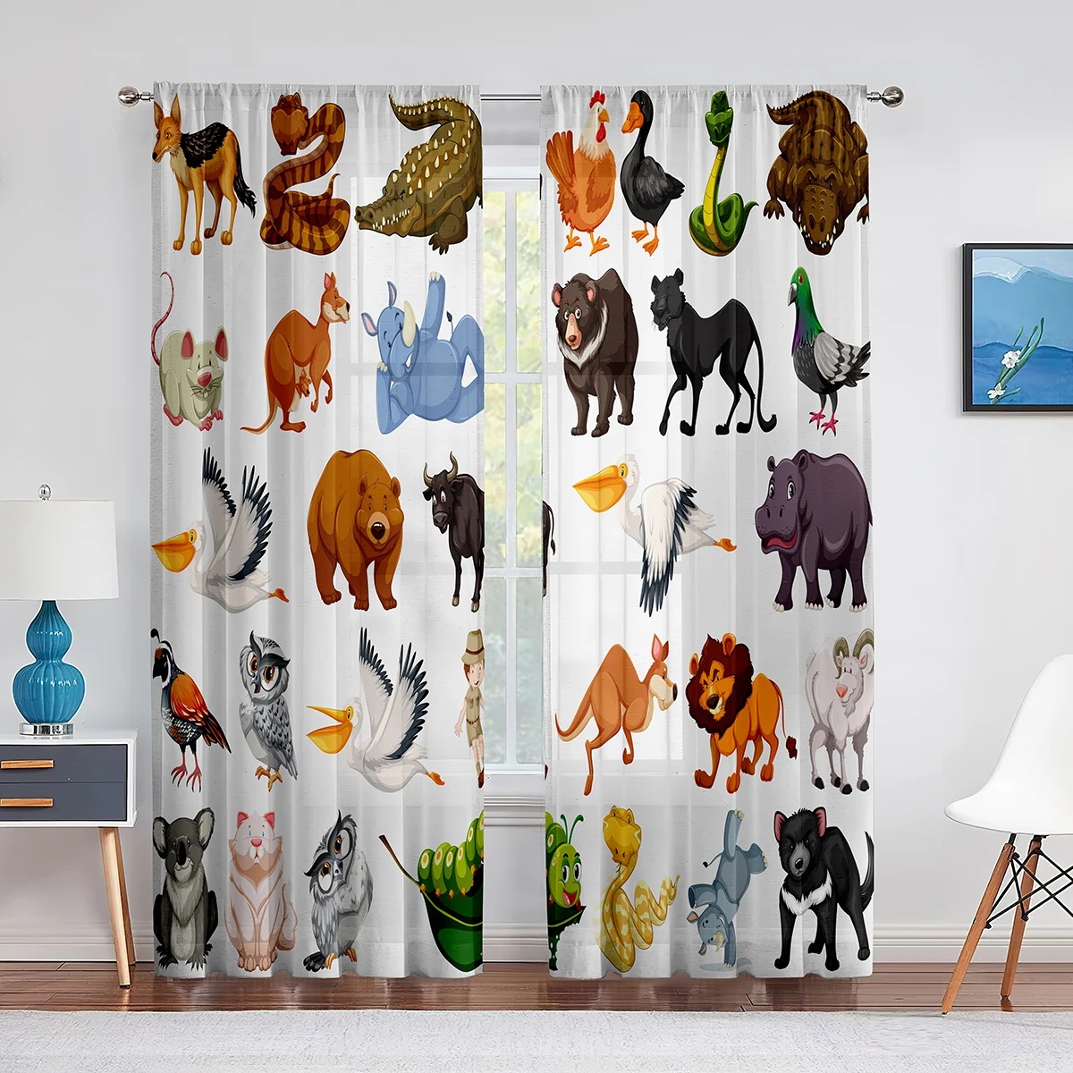 

2panels Jungle Safari Animals Sheer Curtain for Baby Bedroom Kids Nursery Cute Elephant Lion Giraffe Tiger Window Curtains