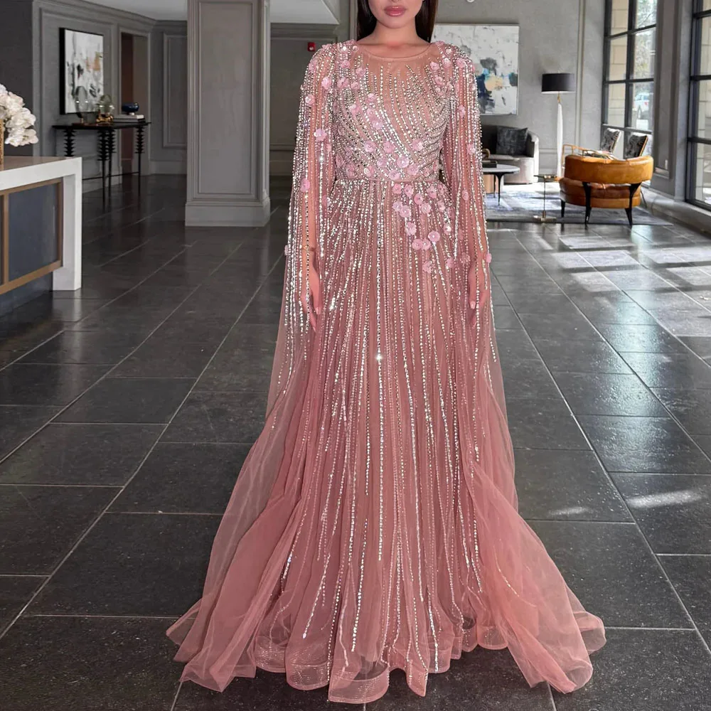 Customized Luxury Dubai Pink Evening Dresses with Cape Sleeve O Neck Beaded Wedding Party Gown Tulle فساتين سهرة