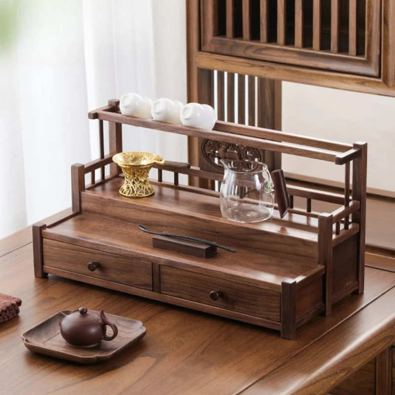 

Tea set storage rack, walnut double-layer antique, Chinese style solid wood pot, purple sand cup