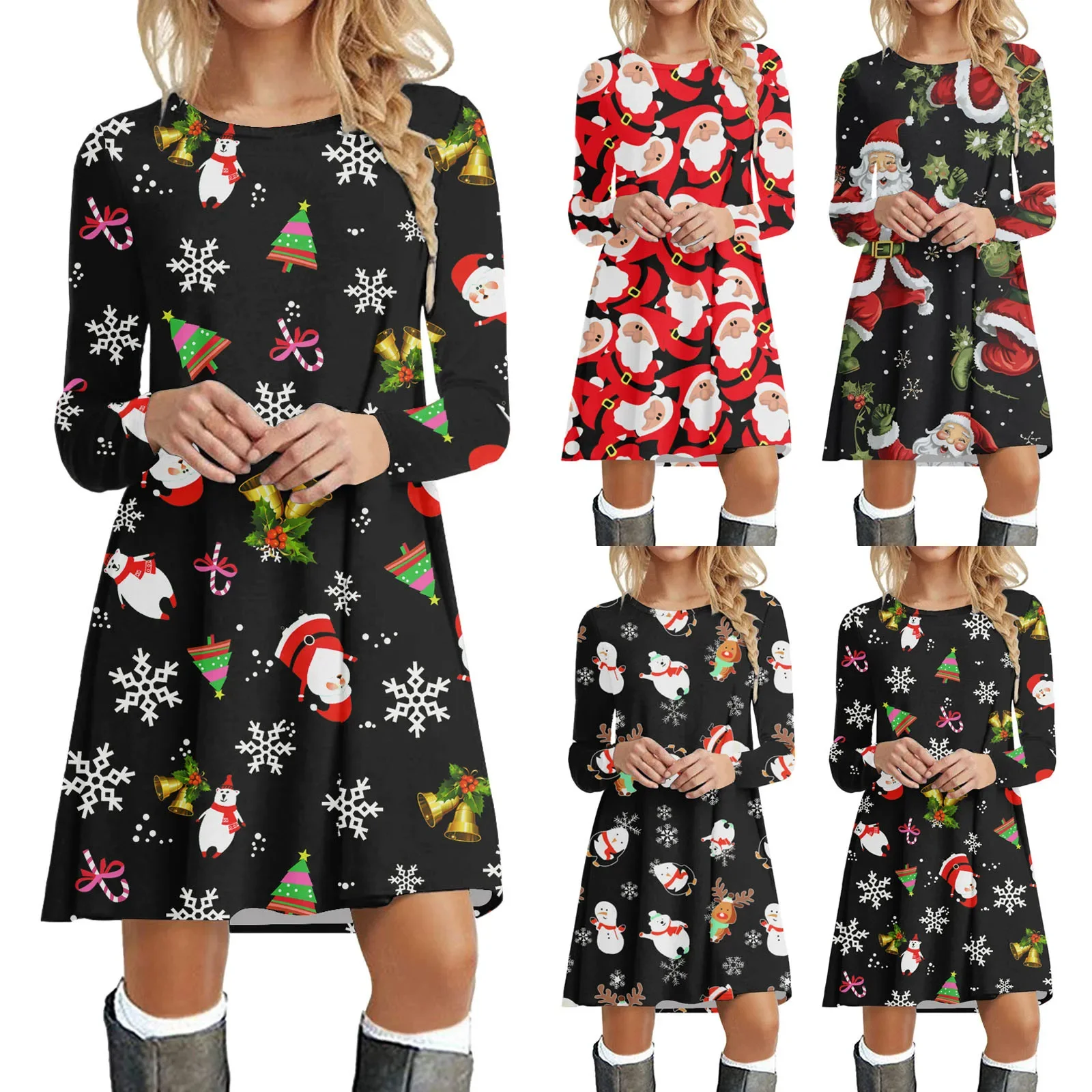 

Women's Santa Claus Printed Christmas Party Dress, Long Sleeved, O-neck, Casual, Winter, Holiday, T-shirt, 2023 Large 6XL