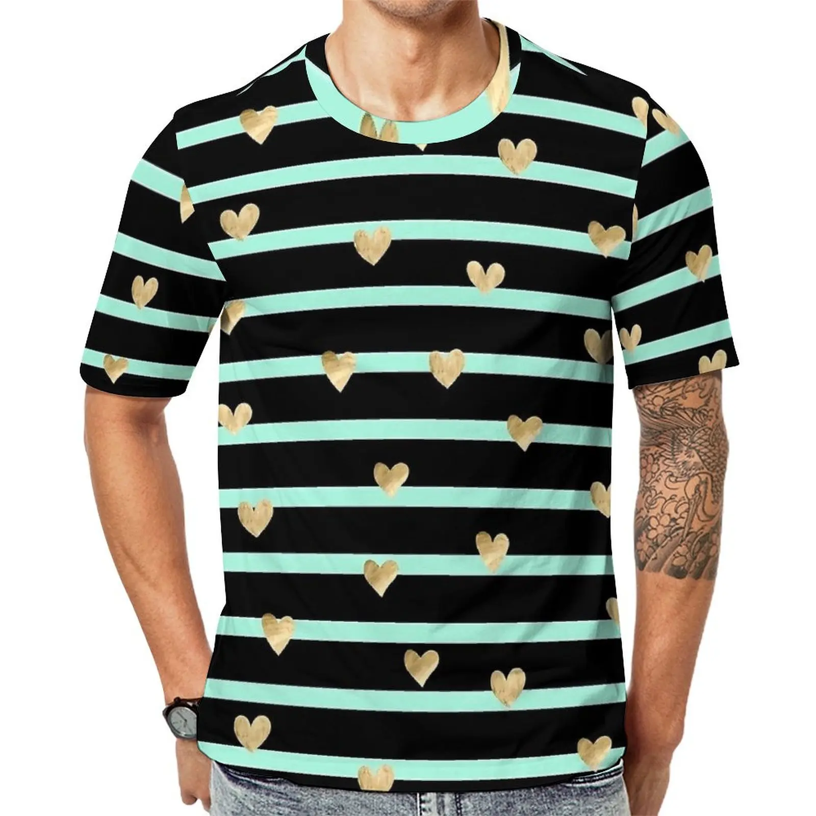 

Plus Size T-Shirt Beach Gold Hearts And Stripes Print T Shirts Aesthetic O Neck Tshirt Male Trendy Pattern Clothing