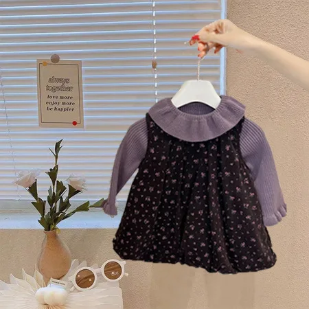 Baby Girls Sets Ruffle Collar Bottoming Shirt Fleece Thicken Floral Sleeveless Dress 2024 Autumn New Style Kids Two Piece Sets