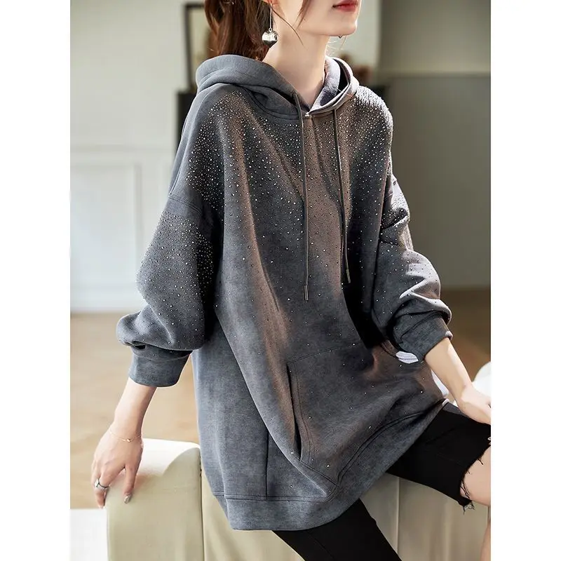 

Женские толстовки с капюшоном, свободные пуловеры с длинными рукавами и тяжелым камнем, длинные пуловеры с принтом тай-дай