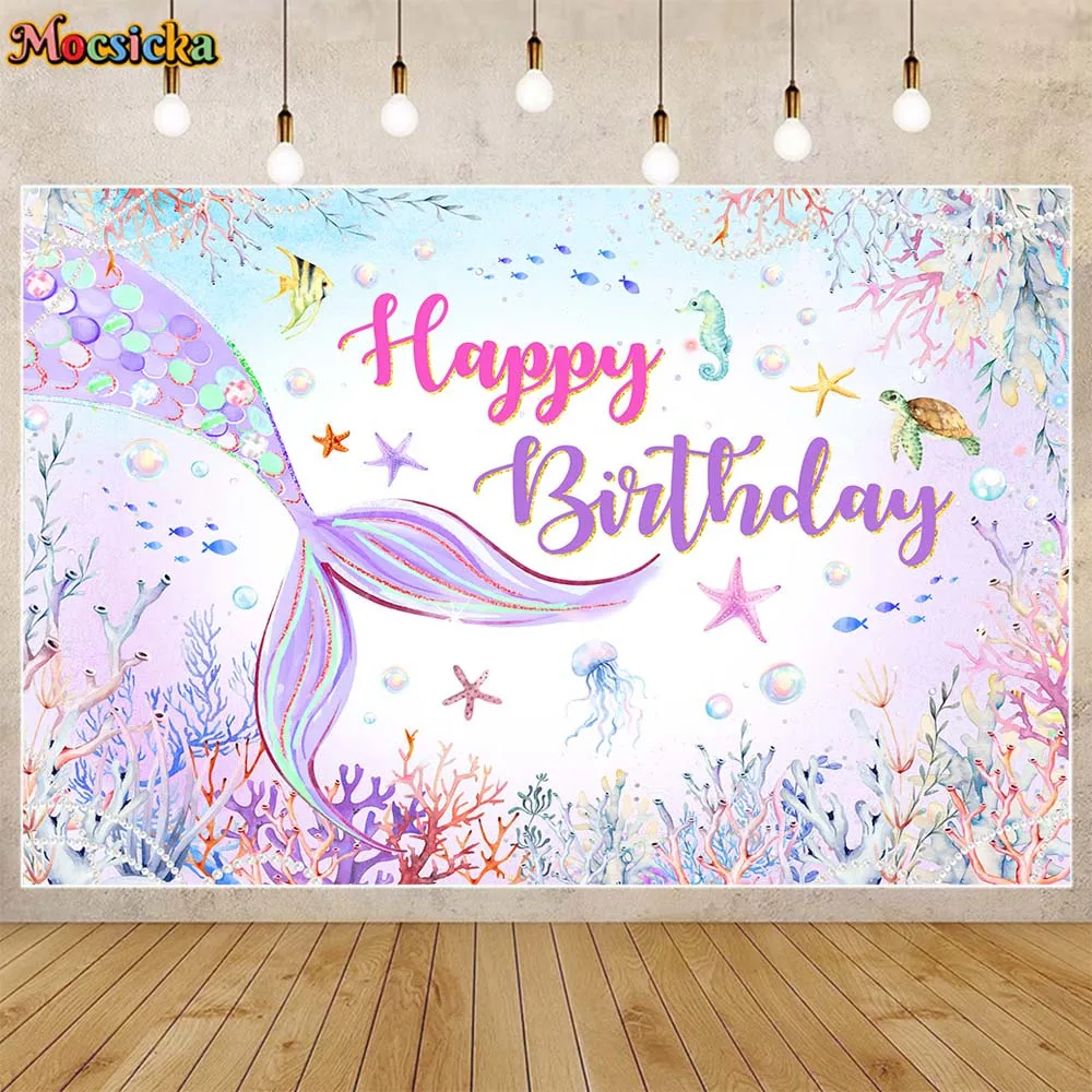 

Mocsicka Mermaid Birthday Party Backdrop Purple Mermaid Tail Under The Sea Girl Birthday Decor Background Photocall Props Custom