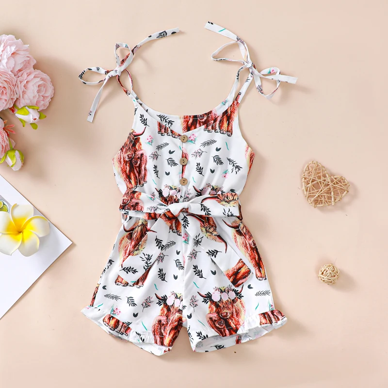 

Suefunskry Little Girl Summer Romper Casual Western Cow Print Sleeveless Shorts Jumpsuit with Belt Toddler Cute Clothes