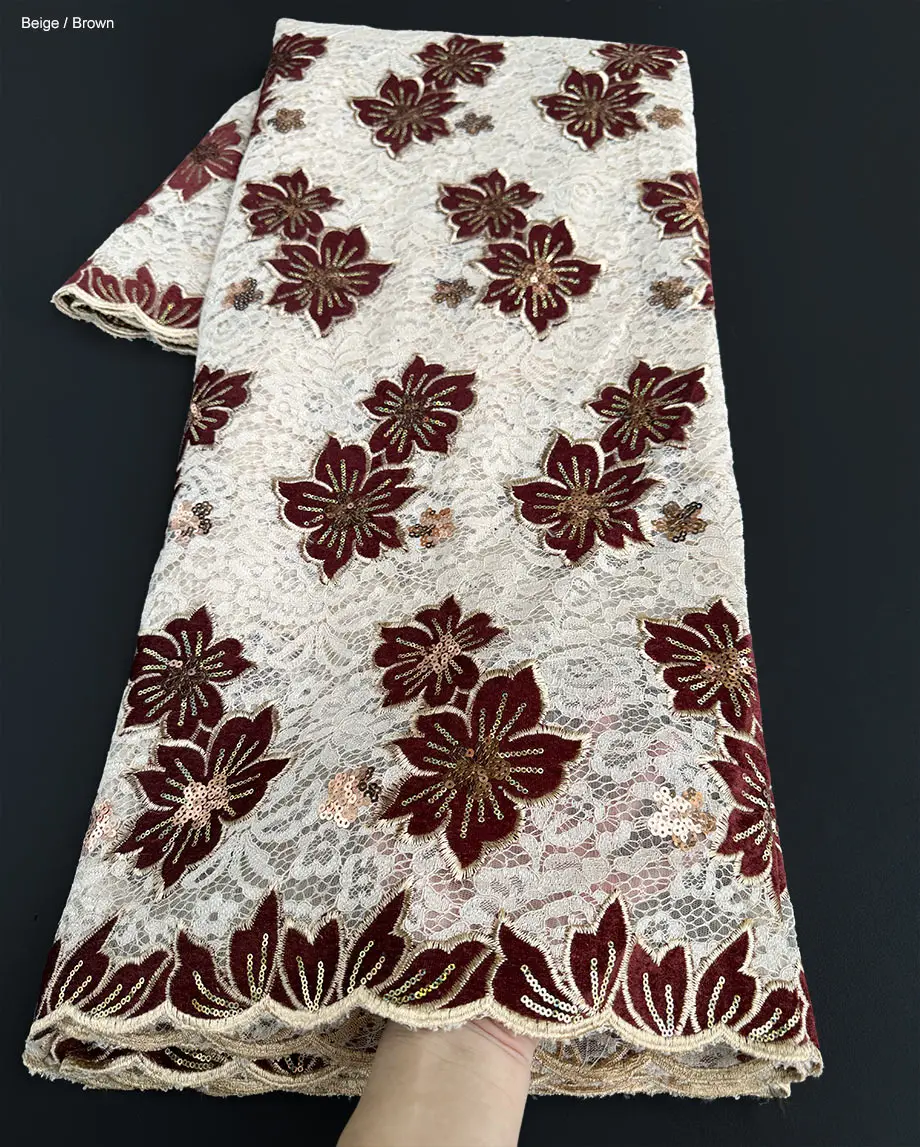 

Newest Floral Velvet Lace Embroidered African Dentelle Guipure Lace Sequined French Fabric Fashion Garment Occasional Cloth