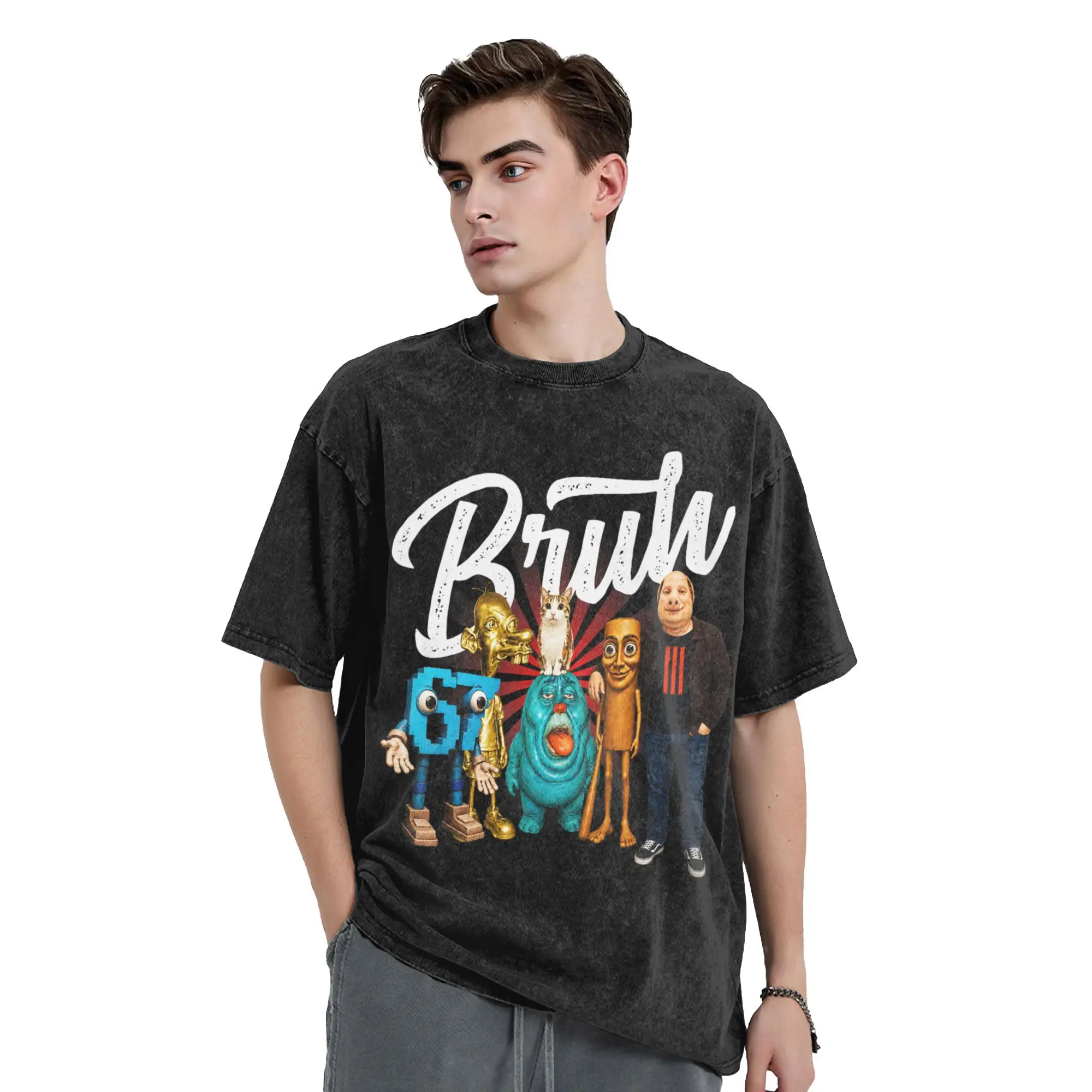 Washed T Shirts Bruh Squad Funny Every Brainrot Chaos Meme Neegy Vintage T-Shirt Oversize  Streetwear Cotton Tops Tees Men Women