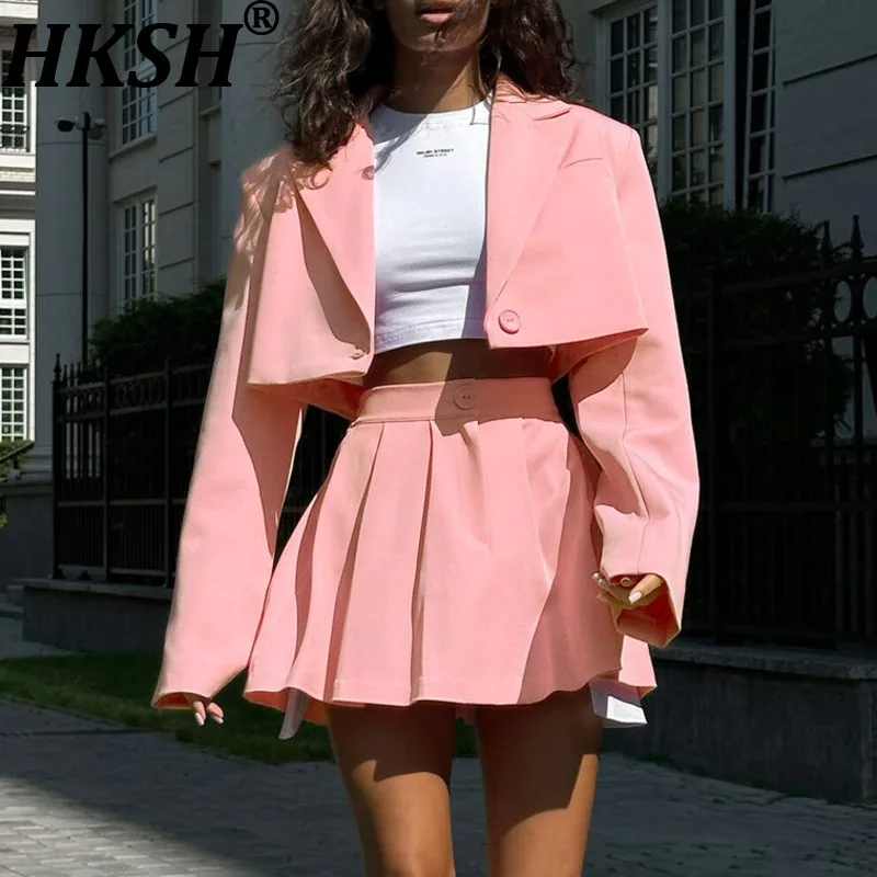 

HKSH весна лето новый женский костюм из двух предметов с зубчатым воротником на одной пуговице короткий пиджак плиссированная мини-юбка Y2K мода HK17801