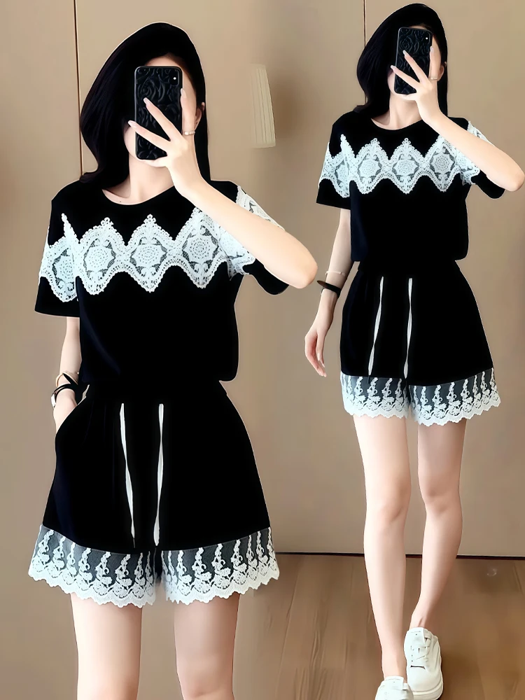 

Black casual sports suit women's summer style design lace patchwork top high waist wide leg shorts two-piece set