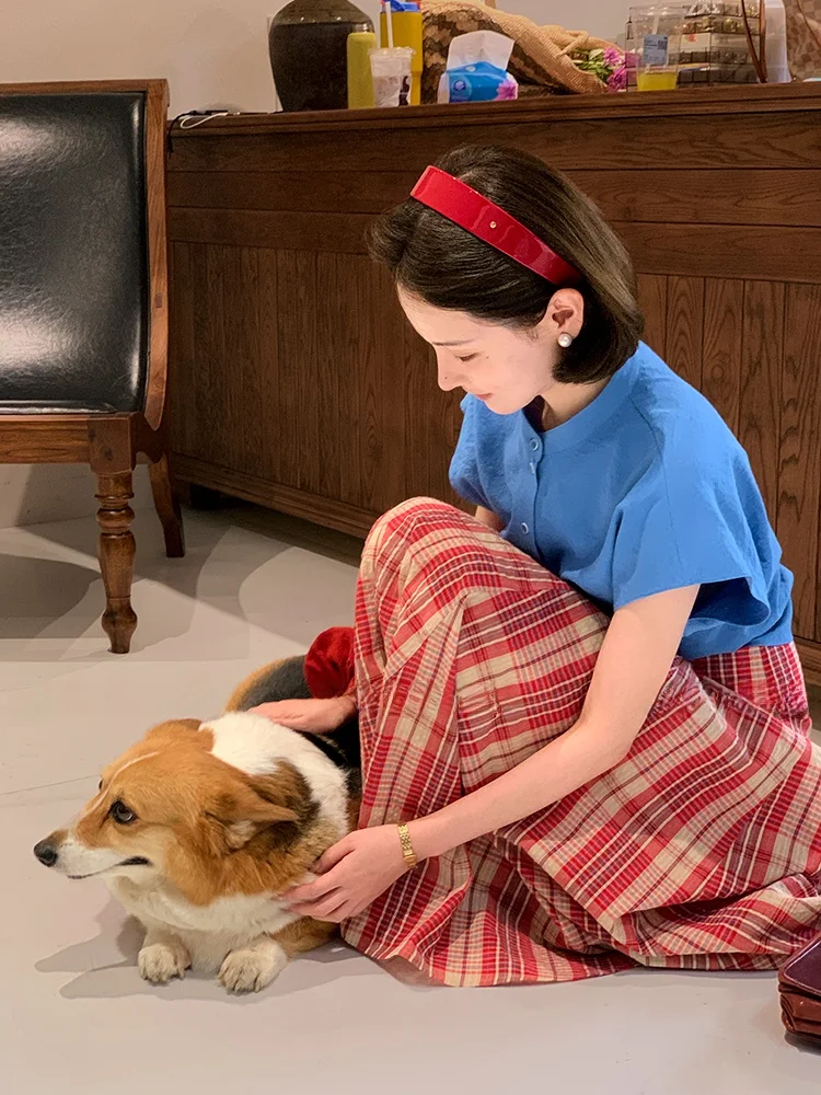 

Ретро-комплект для женщин: хлопковая рубашка с завязками, короткий рукав, клетчатый узор, юбка с высокой талией, весна-лето, повседневный стиль.