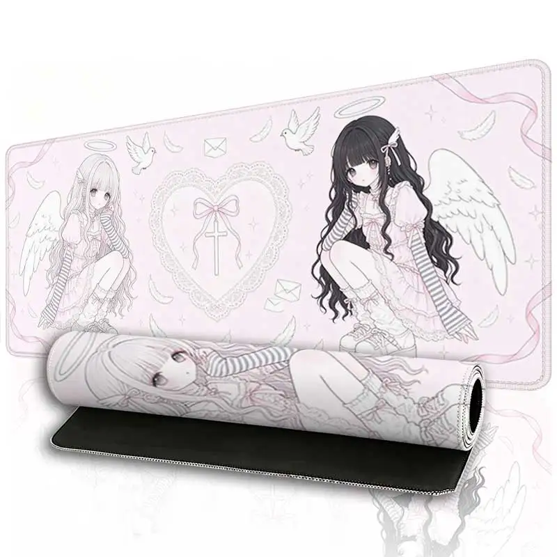 Kawaii Sweet Lolita Art Mouse Pad Twin Angel Girls White Wings Pink Design Large Desk Mat Non Slip Rubber Base for Work Gaming
