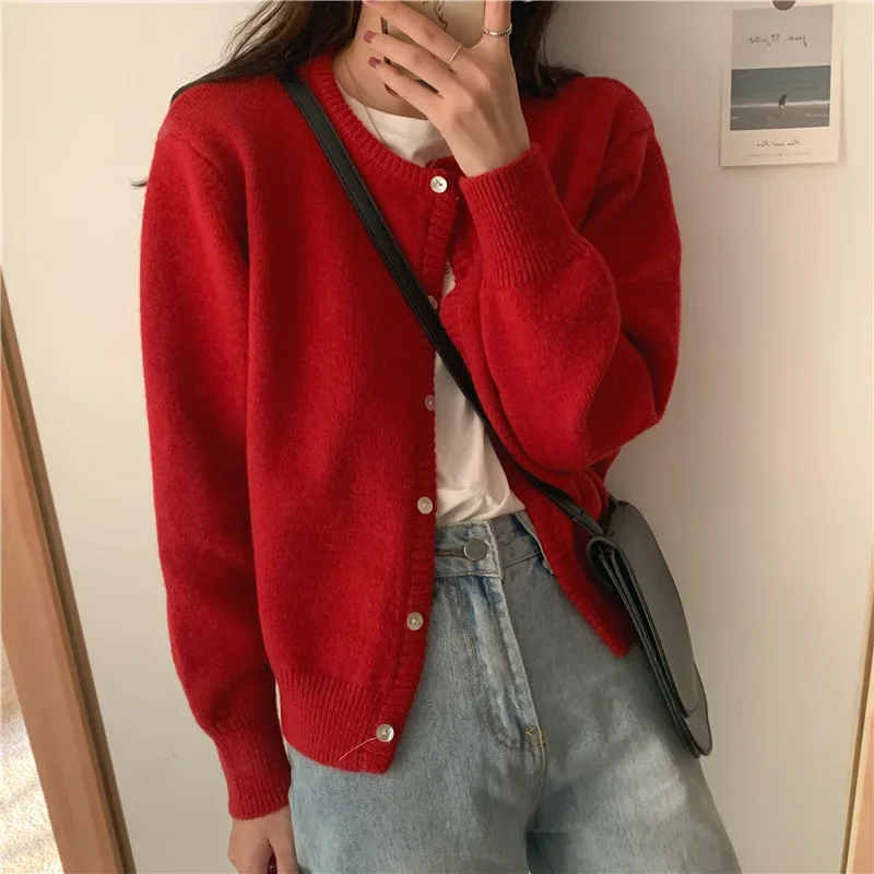 Autumn and Winter Korean cardigan O Neck Solid Color Long-Sleeve Cardigan Sweater Short Loose Full Sweater Knitted Jacket Women