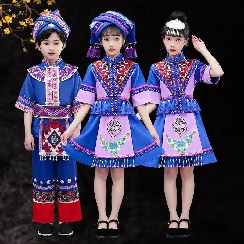 

Blue Chinese Minority Clothing For Children Ethnic Minorities Schoop Performance Costumes New Year Festival Supplies