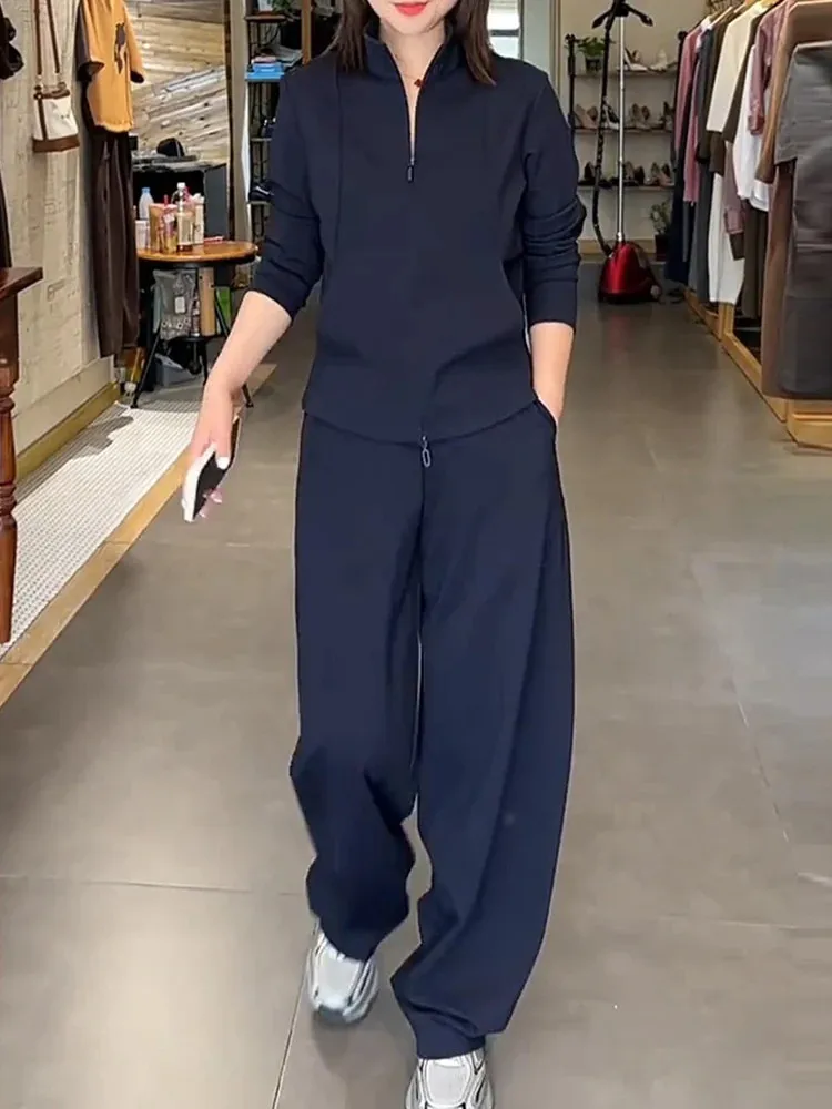 High-End Zipper Sweatshirt Wide Leg Pants Two-Piece Set Women's Fashion Casual Sportswear Autumn Trendy Complete Ensemble